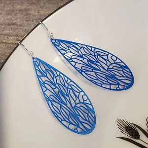 Art Nouveau Lacy Cobalt Blue Filigree Slim Teardrop Enamel Pendant Earrings